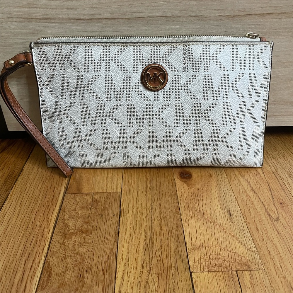 Michael Kors Monogram Cream and Tan Wristlet
